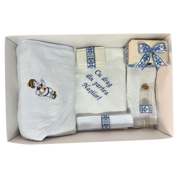 Trusou botez traditional baiat brodat, 7 piese, bumbac