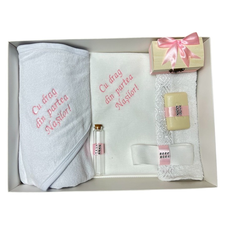 Trusou botez prin broderie Cu drag din partea nasilor-roz, 7 piese, bumbac