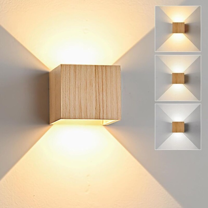 Fa LED fali lámpa, 6W, szabályozható, 3 színhőmérséklet, 11x10x10cm