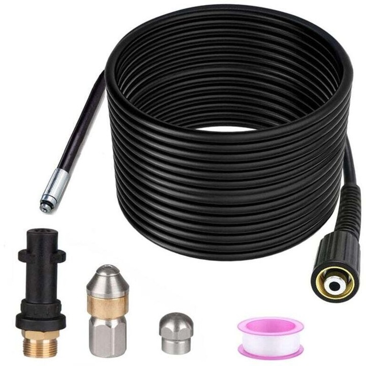 Deboucheur de canalizare 15m, 400bar, 60C, set cu adaptoare si duze, pentru aparate de spalat cu presiune
