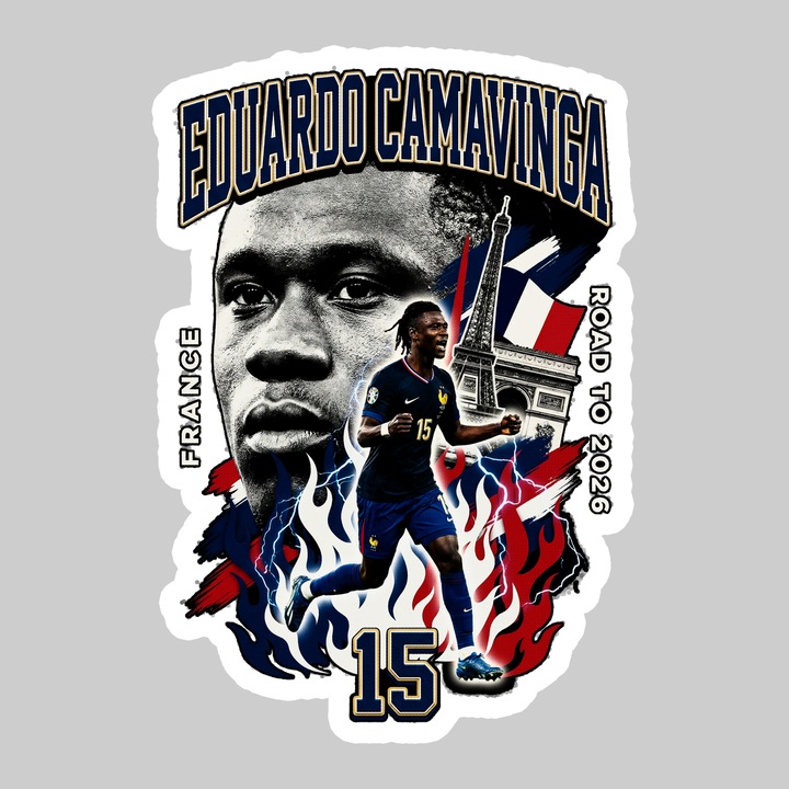 Sticker Eduardo Camavinga France World Cup Fifa 2026, Autoadeziv, Footbal, Cri-Flo, dimensiune 10 cm