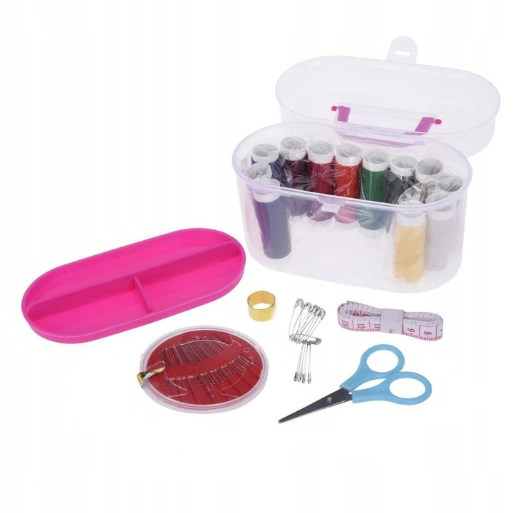 Set mini cusut portabil, trusa reparatii textile cu 8 culori ata, foarfeca, ace si accesorii, compacta si usoara