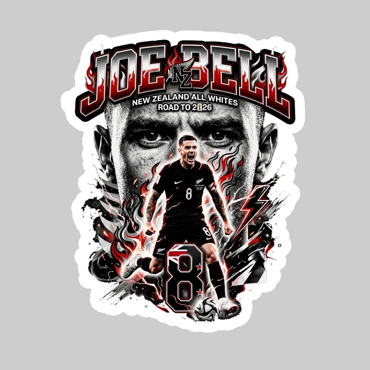 Sticker Joe Bell New Zealand World Cup Fifa 2026, Autoadeziv, Footbal, Cri-Flo, dimensiune 20 cm