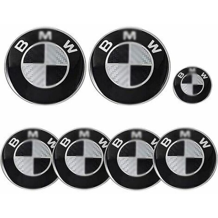 Set de 7 embleme auto pentru capota, portbagaj si volan, 82mm, 68mm, 45mm, ABS si aluminiu