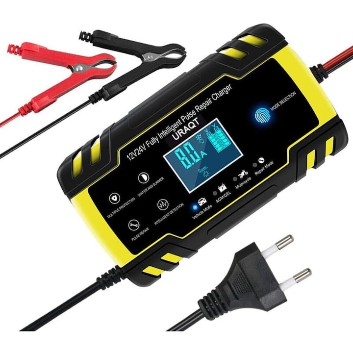 Redresor auto 8A 12V/24V cu ecran LCD, protectie IP65, incarcare inteligenta, set pentru masini, motociclete, masini de tuns iarba, barci