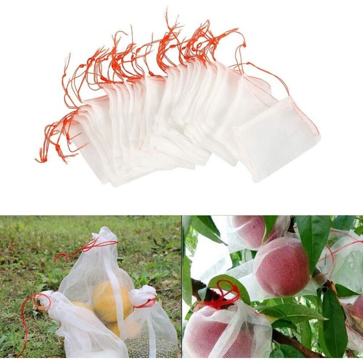 Set 50 pungi din plasa anti-insecte 25x15cm, nylon transparent, cu snur pentru protectia fructelor si plantelor