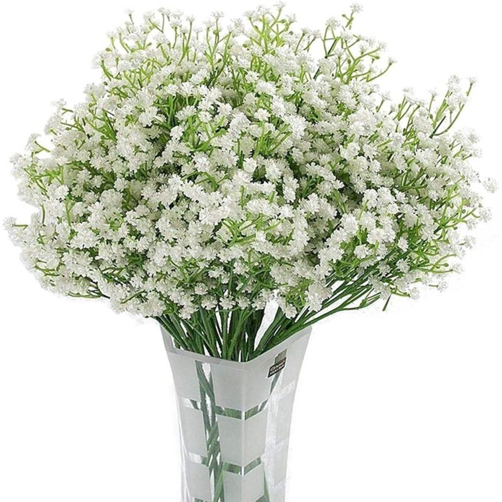 Set 12 flori artificiale gypsophila din matase alba, 53cm, decor pentru nunta, petrecere, birou