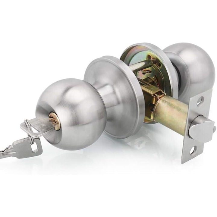 Maner usa rotund din otel inoxidabil, cu sistem de inchidere cu cheie, dimensiune latch ajustabila 60/70mm, pentru usi interioare, 3 chei