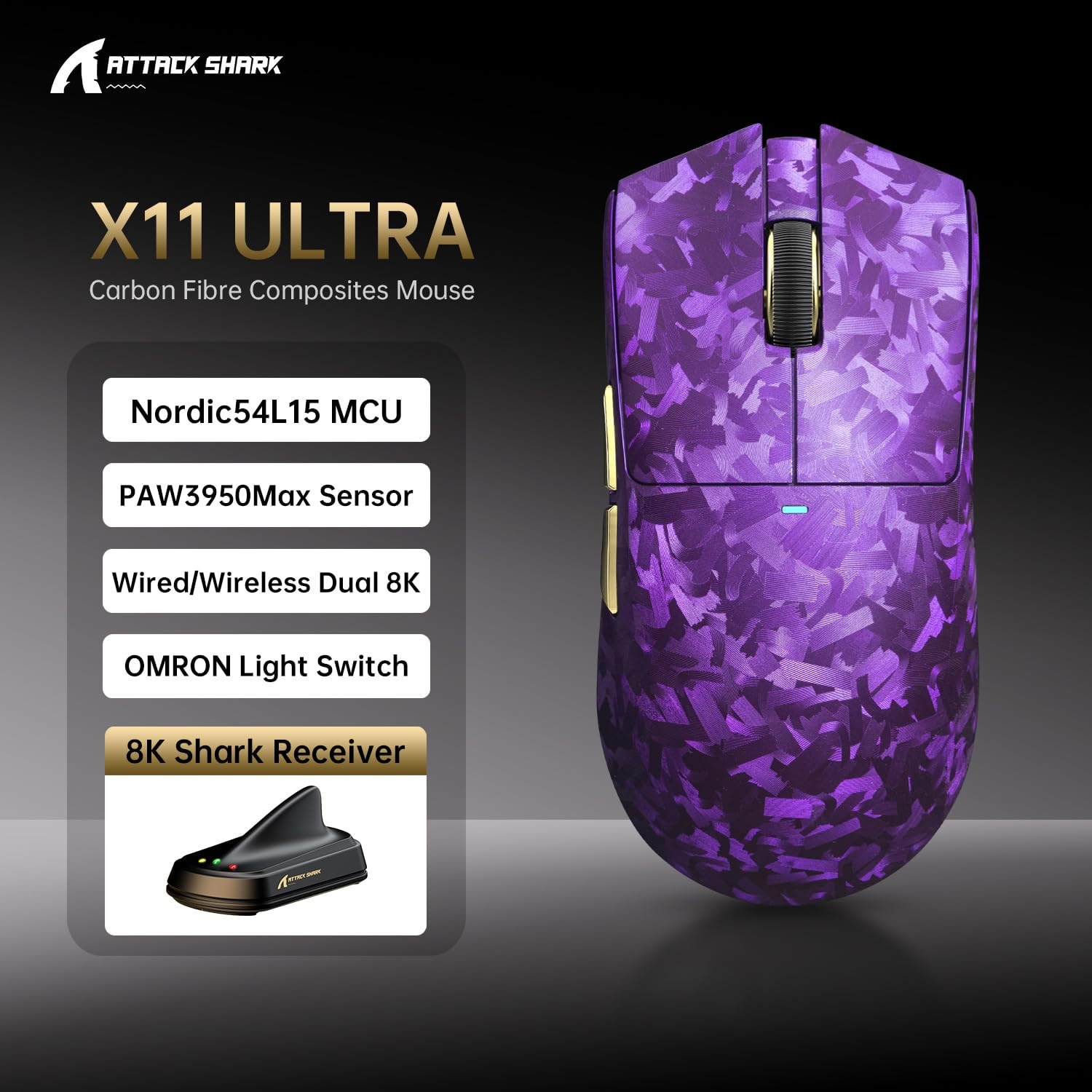 Mouse de gaming wireless ATTACK SHARK X11 Ultra 8K din fibra de