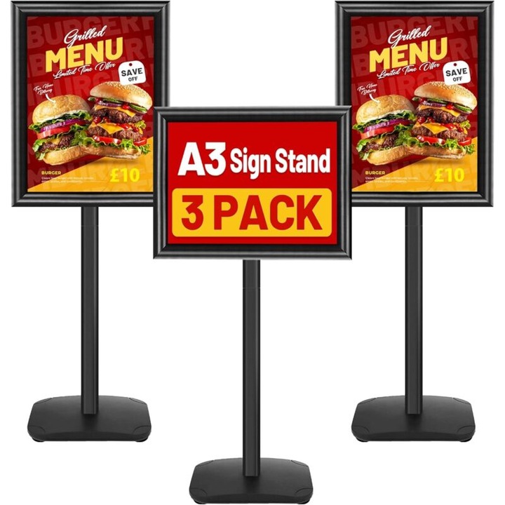 Set de 3 suporturi pentru postere A3 cu baza grea, ajustabile 360°, pentru exterior, cadru cu prindere rapida, utilizare in retail si birou, negru