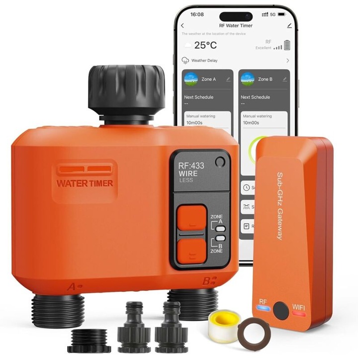 Öntözésvezérlő, 300 m RF, alkalmazásvezérlés, rugalmas mód, narancssárga