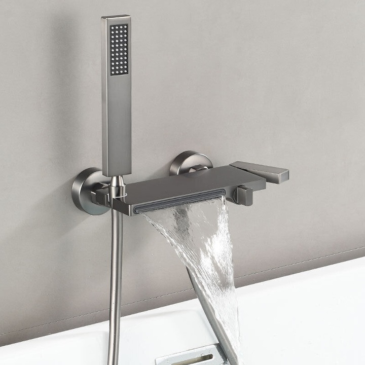 Baterie sanitara pentru cada, cu dus manual, design cascade, neagra, 13.5x16cm