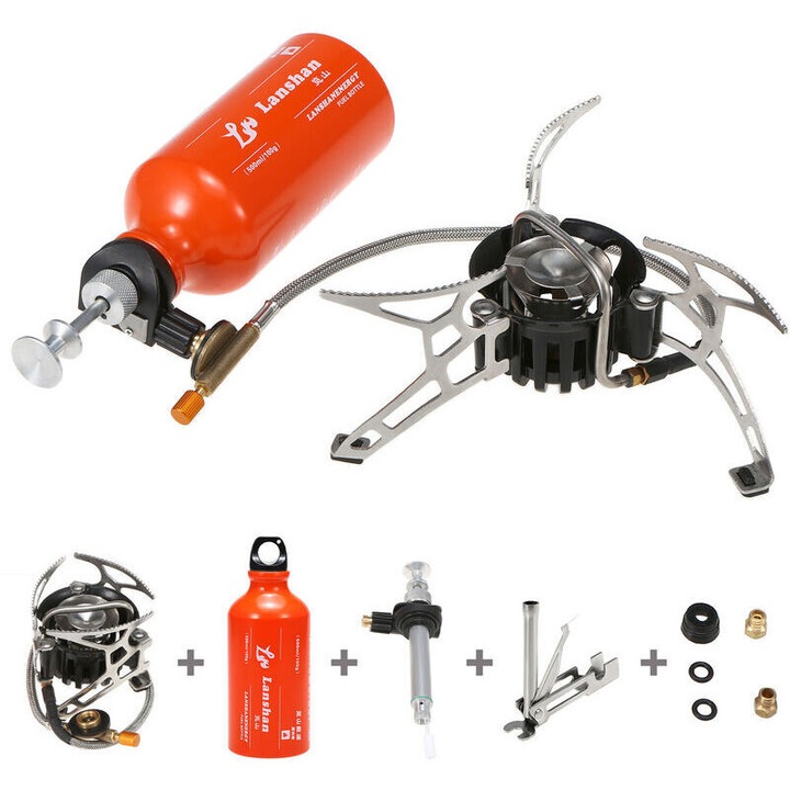 Kempingfőző, 500 ml-es üzemanyagpalackkal, alumínium, 185x88mm