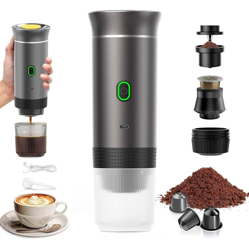 Espressor portabil 3-in-1, 12V, incalzire rapida 4–6 min, USB-C reincarcabil, compatibil capsule mici/mari si cafea macinata, gri inchis, 92SZOO-K02212603231372