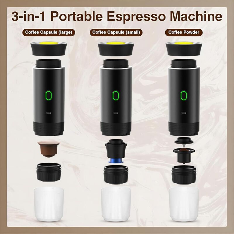 Espressor portabil 3-in-1 92SZOO-K02212603231366, compatibil capsule mici/mari si cafea macinata, incarcare USB-C, 12V, incalzire rapida 4–6 min, negru