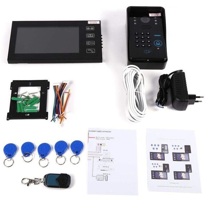 Sistem de securitate video cu monitor LCD 7", camera exterioara cu viziune nocturna, 5 carduri RFID, set complet