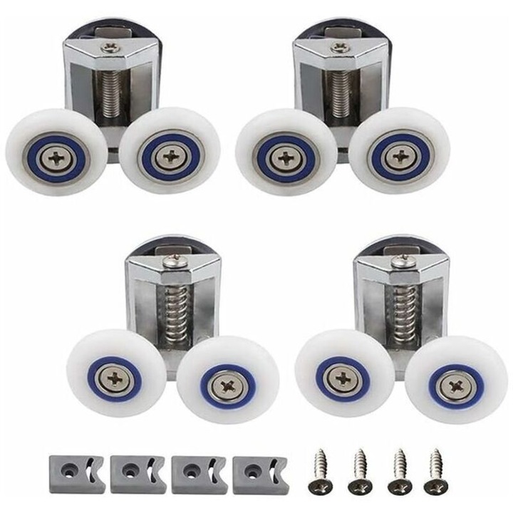 Set de 4 role din aliaj de zinc pentru usi de dus, 26 mm, 6x6 cm, 6-8 mm grosime sticla