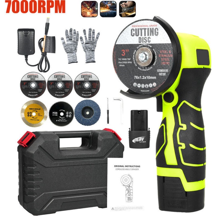 Polizor unghiular fara fir, 16.8V, 7000 RPM, 2 acumulatori, set complet, verde, 212x110x75mm