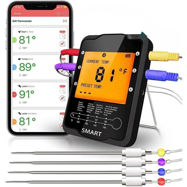 Termometru de carne wireless cu 4 sonde, portabil, rezistent la apa