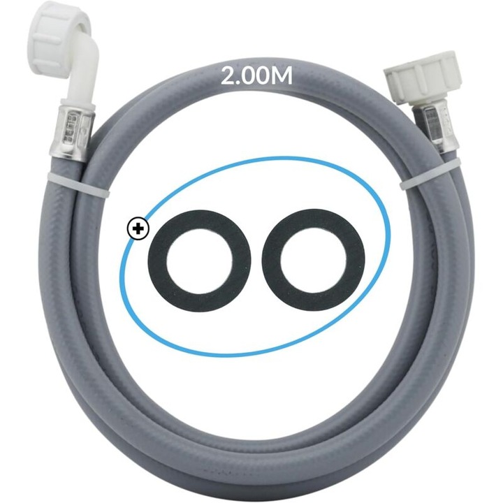 2,00 m hosszú, megerősített vízellátó tömlő, mosógépekhez és mosogatógépekhez, 2 gumitömítéssel