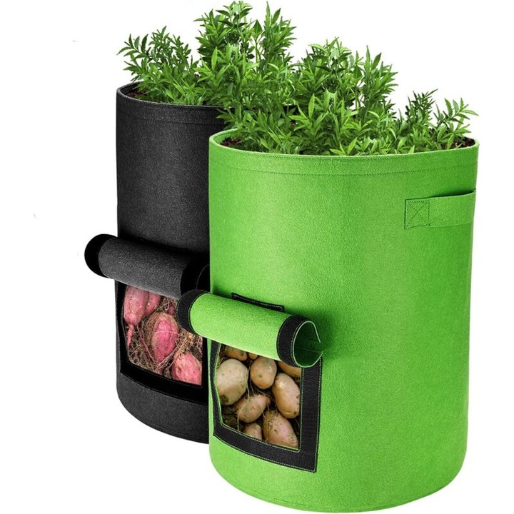 Sac de cultivare pentru cartofi, 2 bucati, 40L, material non-woven, cu fereastra, accesorii pentru gradina