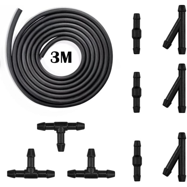 Kit furtun spalator parbriz 3m, 10 piese, conectori I, Y si T, negru