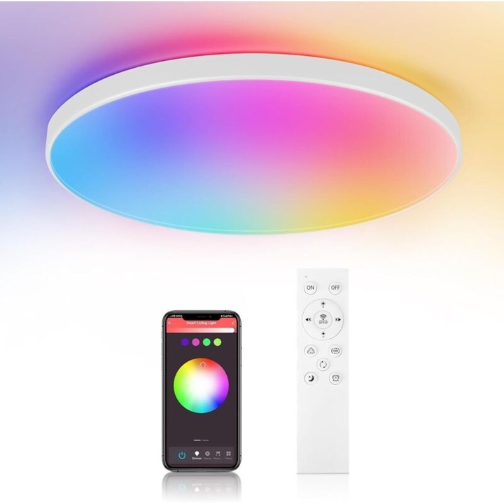 Plafoniera LED RGB 24W, luminozitate ajustabila, conectivitate Bluetooth, impermeabila IP44, pentru baie, dormitor, living