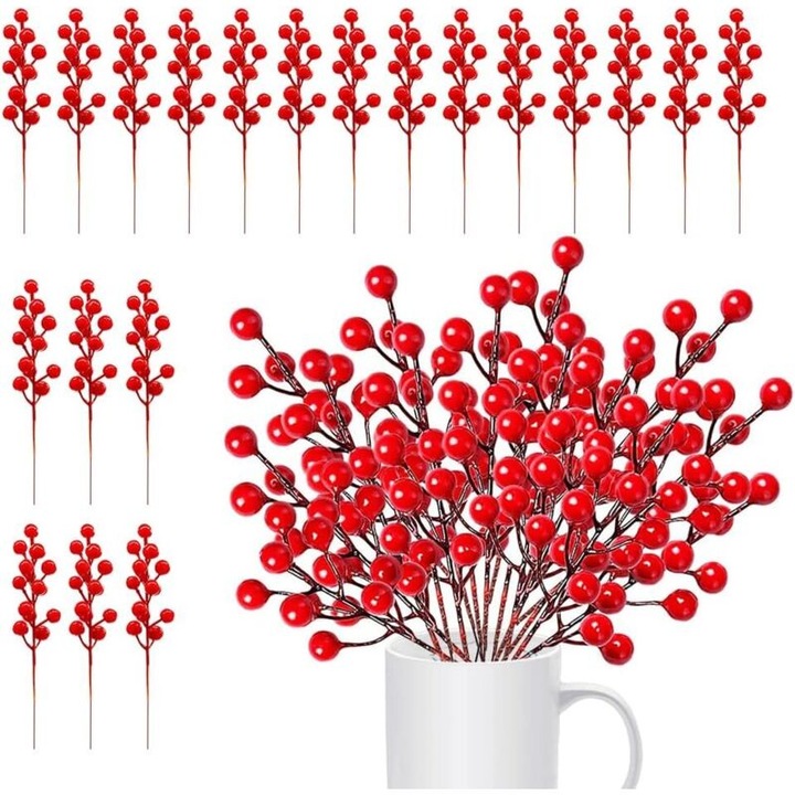 Set 20 crengute cu boabe rosii artificiale pentru Craciun, 20cm, multicolor