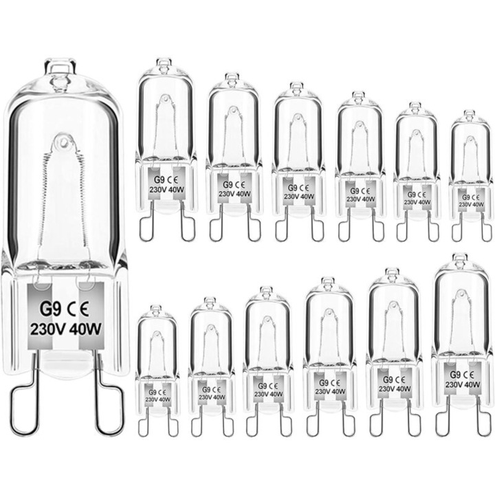 Becuri halogen G9 40W, 12 bucati, lumina alba calda 2700K, 480 lumeni, dimabile 10-100%