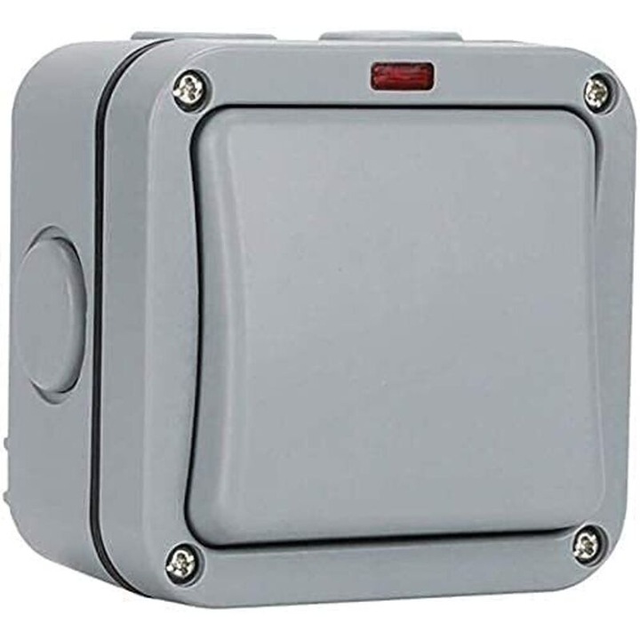 Külső vízálló kapcsoló, 20A, IP65, szürke, 90x90x55mm, 1 db-os készlet.