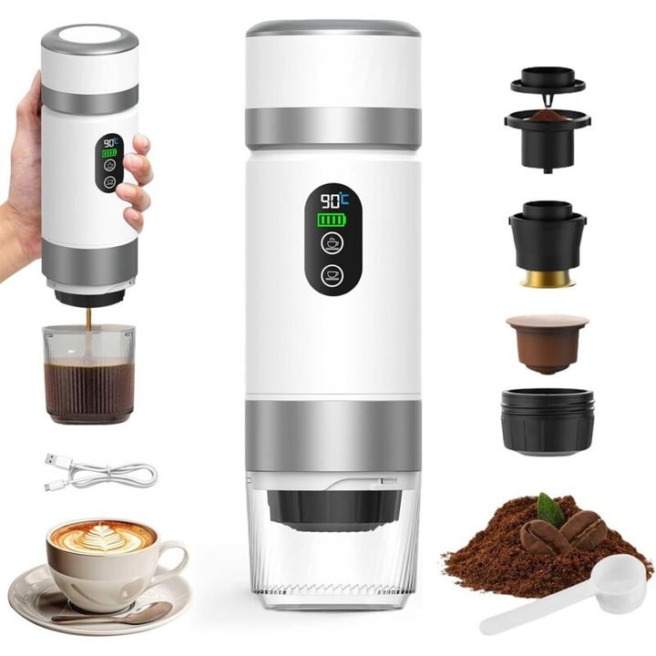 Espressor portabil 3 in 1, aparat de cafea electric cu incalzire, compatibil cu capsule de espresso si cafea macinata, alb