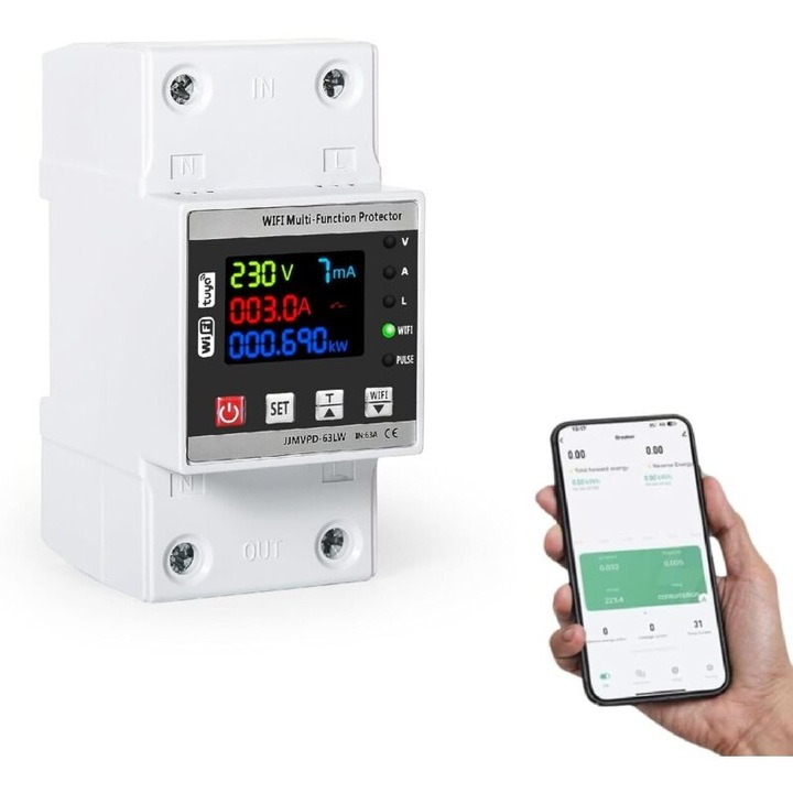 Contor de energie WiFi inteligent, protectie impotriva supratensiunii si subtensiunii, ecran colorat, 63A, 230V