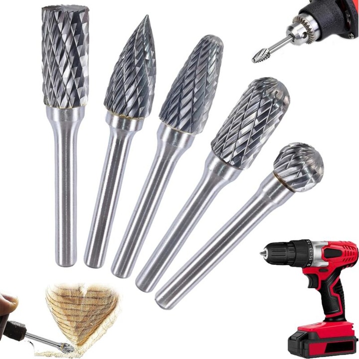 Set de 5 burghie rotative din carbura de tungsten, 6mm, 10mm - taiere dubla pentru lemn, metal si piatra