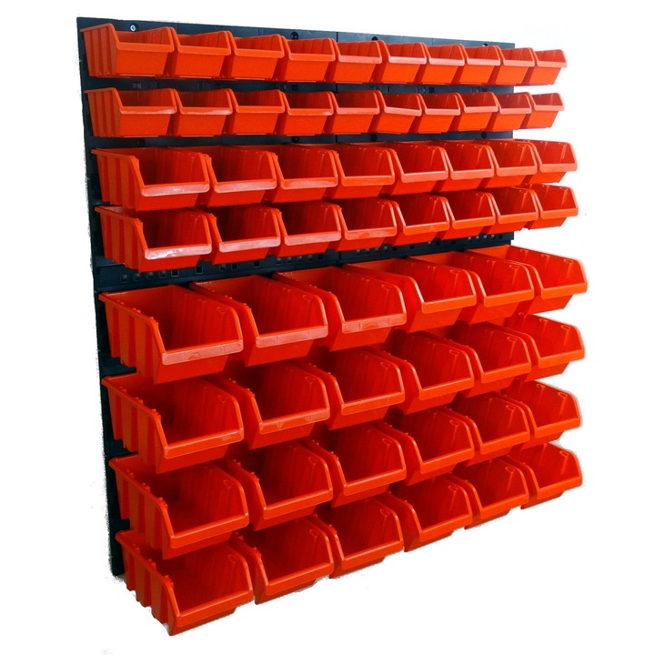 Kistenberg rendszerező tábla, 64 darabos készlet, 80x80x19,5cm, 4 db 39x40cm-es tábla, 20 db 11,5x7,9x5,9cm-es piros doboz, 16 db 15x9,8x7cm-es piros doboz, 24 db 19x11,7x9cm-es piros doboz