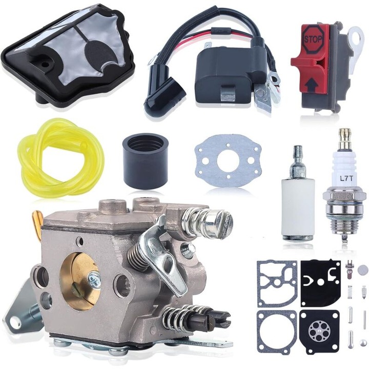Carburator set cu bobina de aprindere pentru fierastrau cu lant Husqvarna 36 41 136 137 141 142, cu linie de combustibil si filtru de combustibil