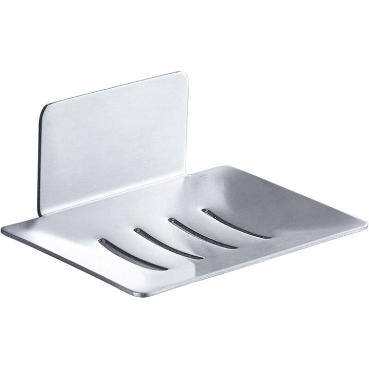 Suport pentru sapun metalic montat pe perete, design V, auto-draining, argintiu, fara gaurire, 1 bucata