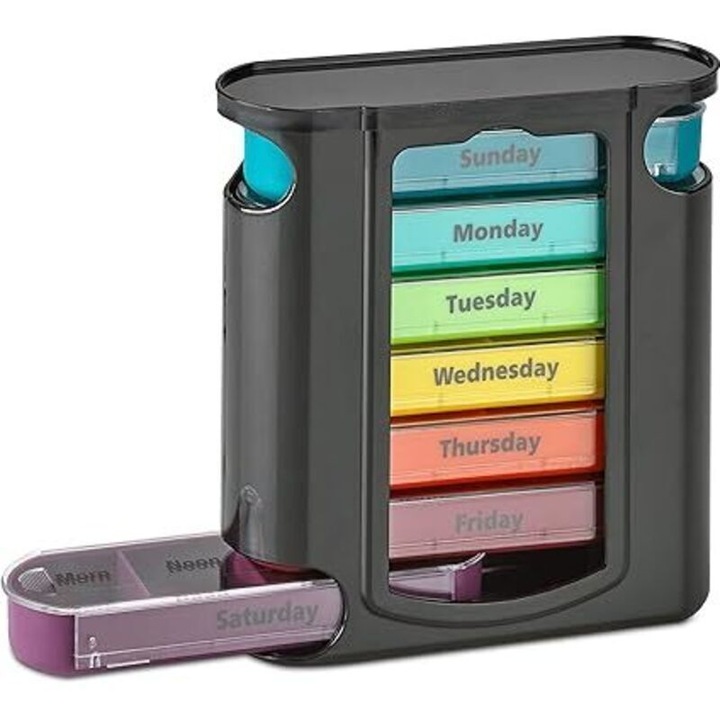 Organizer saptamanal de pastile, 7 compartimente, 4 doze pe zi, culori distincte, compact pentru calatorie
