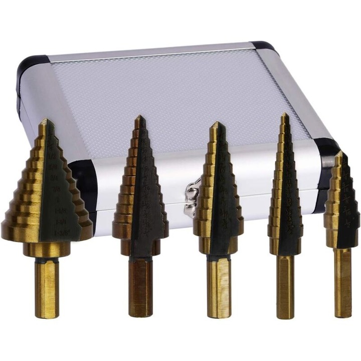 Set burghie pas cu cobalt HSS, 5 piese, cutie din aluminiu, 15x10x4cm