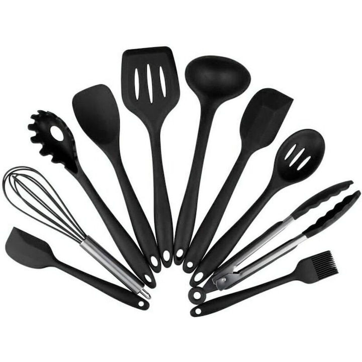 Set de 10 ustensile de bucatarie din silicon, rezistente la caldura pana la +230C, negru