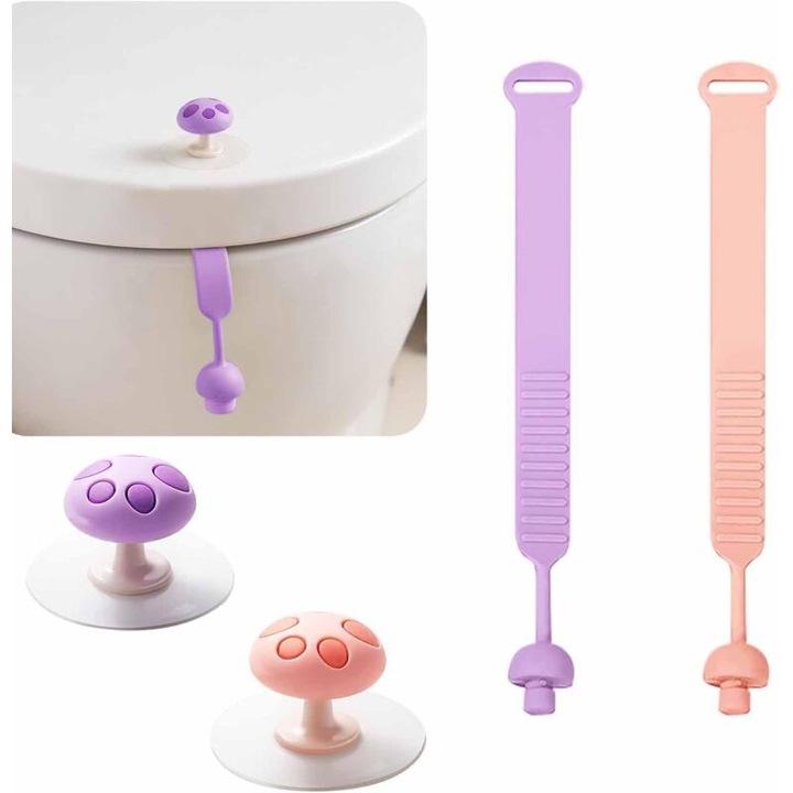 Set de 4 suporturi pentru capac de toaleta din silicon, forme ciuperca, flexibile, usor de transportat, pentru prevenirea contactului cu capacul toaletei
