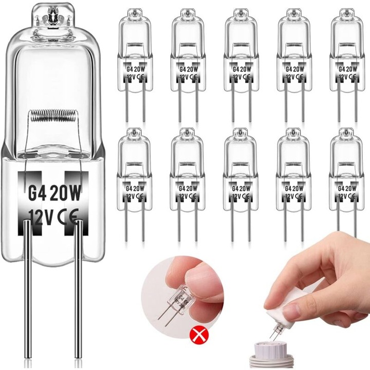 Set de 10 becuri halogen G4, 20W, 280 lumeni, 12V, 8.9x30.8mm, lumina calda