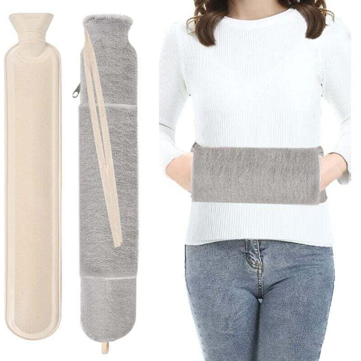 Sticla de apa calda lunga 2L cu husa moale, material cauciuc natural, 75cm, gri