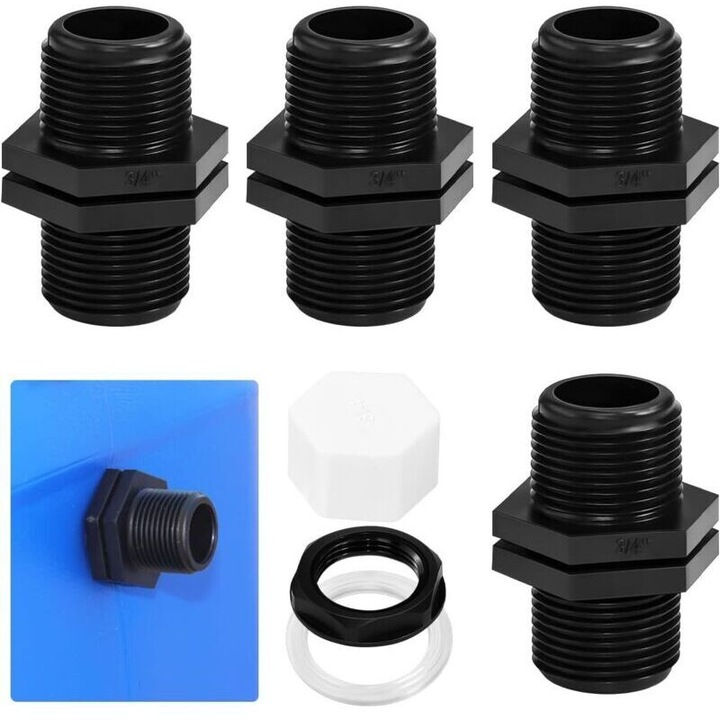 Víztartály szerelvények, 25mm, komplett készlet 4 anyával, 4 tömítéssel, 4 kupakkal, hordóhoz, tartályhoz, kültéri használatra