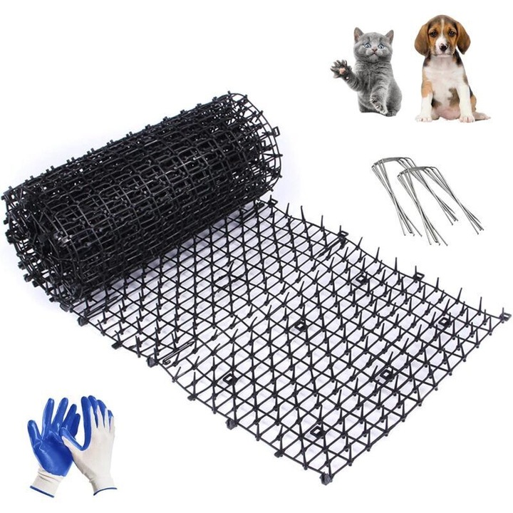Килимче против котки и кучета, 2м x 30см x 2см, нетоксичен PP материал, комплект с 8 U-образни пирона и градинарски ръкавици