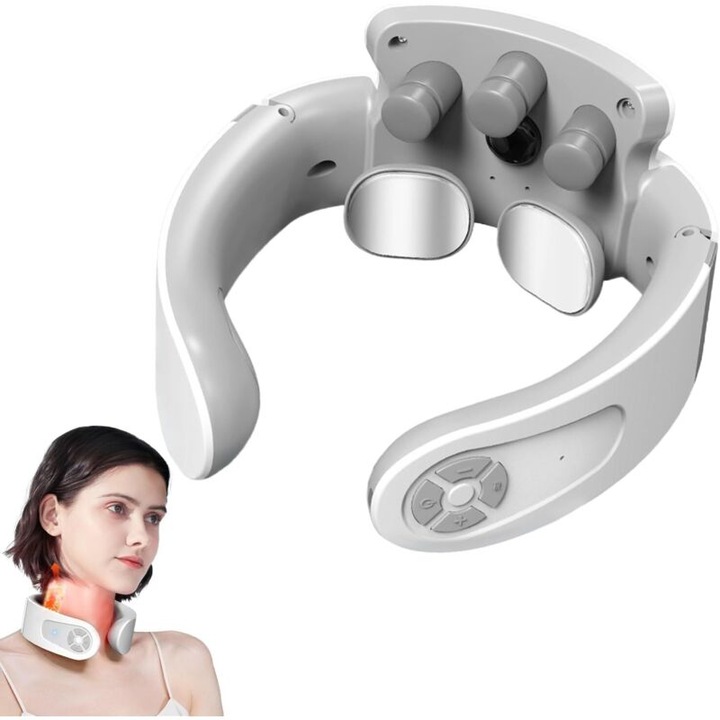 Masajer cervical portabil cu 5 moduri, 15 niveluri de intensitate, terapie cu caldura 42C, design ergonomic