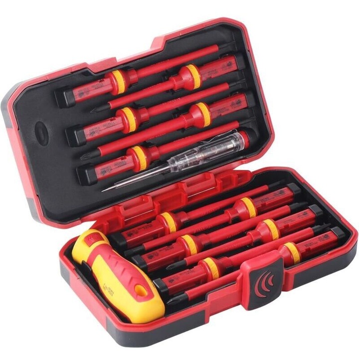 Set de 13 surubelnite izolate, 1000V, rosu si galben, din otel crom-vanadiu