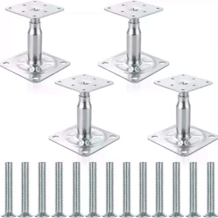 Set de 4 suporturi pentru stalpi din otel galvanizat, ajustabile 100-150 mm, 75x75x3mm si 95x95x2mm