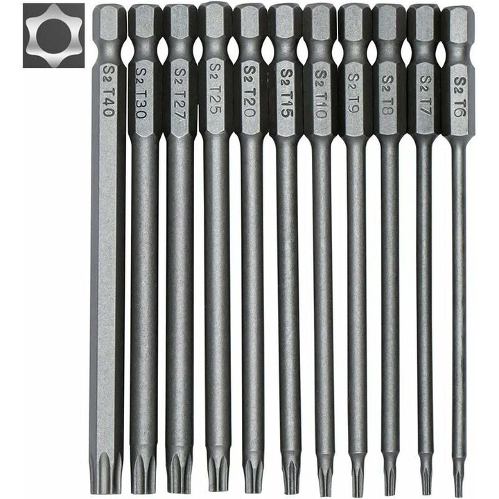 Set de 11 biti Torx lungi, 100 mm, tip hexagonal 1/4", dimensiuni T6-T40, magnetic