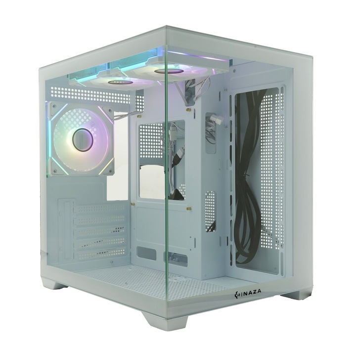 Carcasa panoramica Inaza Cube, SECC Steel ATX Mid Tower, fara sursa, 3 ventilatoare aRGB incluse, Alb