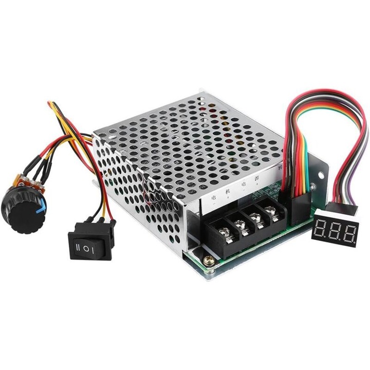 DC motor fordulatszám szabályzó PWM DC10V-55V 60A, reverzibilis fordulatszám szabályzó digitális százalékos kijelzővel, csavaros csatlakozók, 100K potenciométer kapcsolóval, Ezüst, 1 db